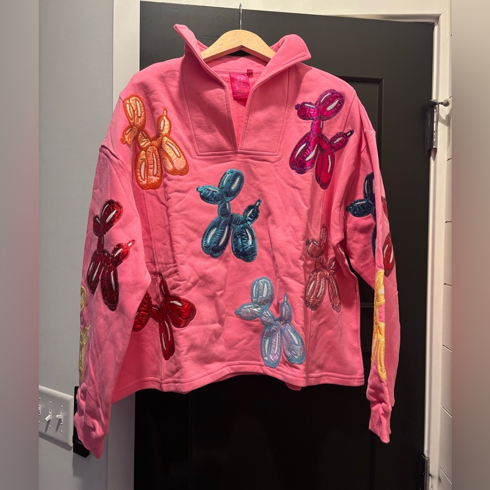 Queen Of Sparkles Balloon Dog Sweatshirt pullover Embroidered Pink Multicolor XL - Picture 7 of 12